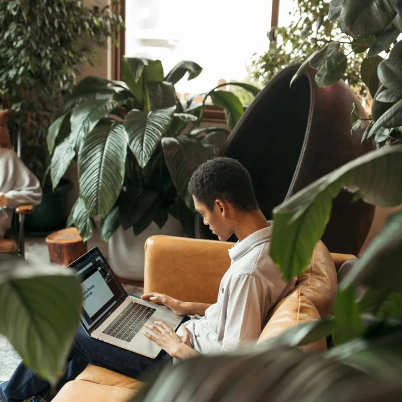 Person sitting in a public area with laptop